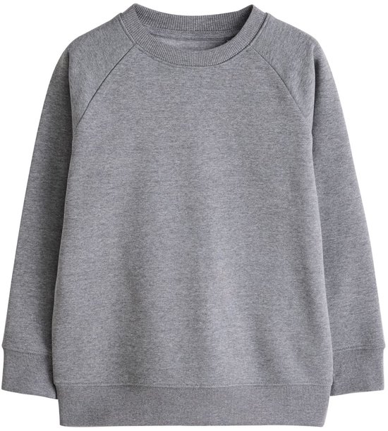Grijs sweatshirt met ronde hals en geribde boorden, frontaal afgebeeld.
