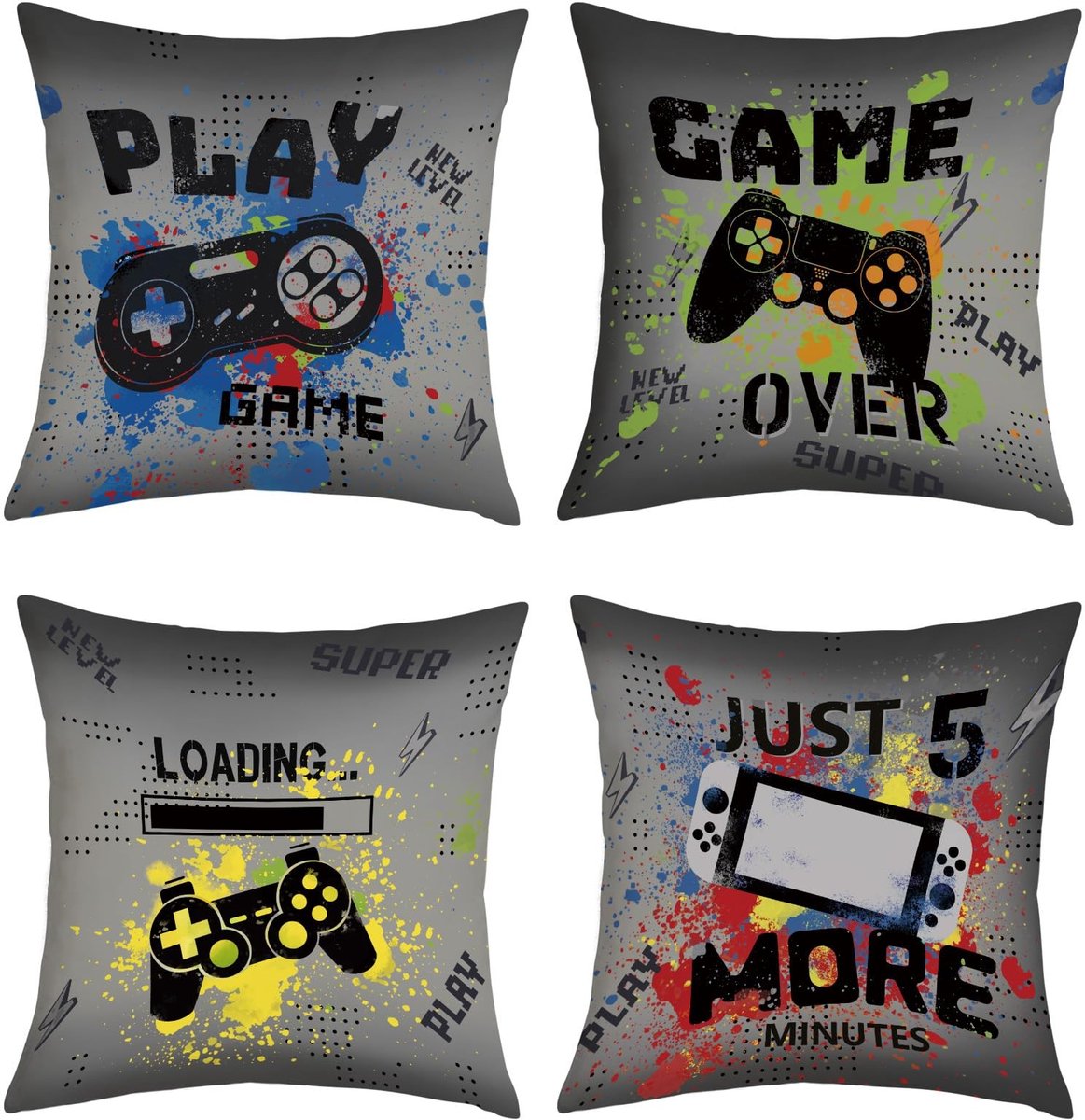 Omgoods - Set van 4 Gaming Kussenhoezen 45 x 45 cm met Controller Motief