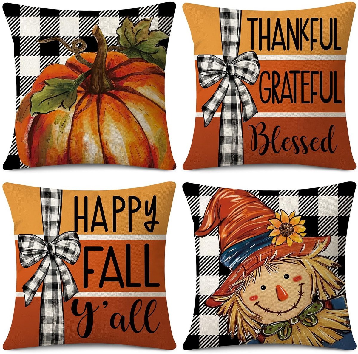 Omgoods - Set van 4 Herfst Kussenslopen 45 x 45 cm met Scarecrow en Bladeren