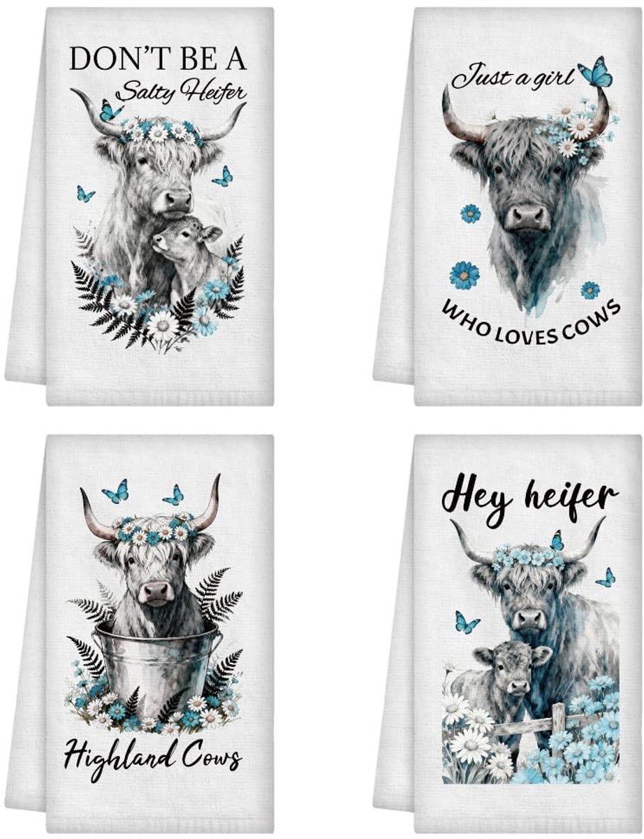 Omgoods - Set van 4 Vintage Boerderij Keukendoeken - Hoogland Vee Design