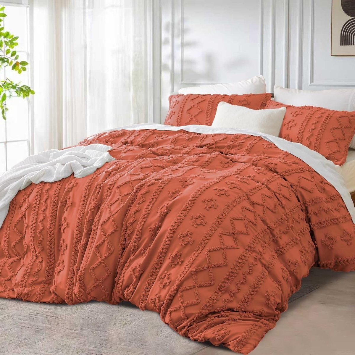 Omgoods - Boho Bedlinnen Terracotta 200 x 220 cm, Tufted Geometrisch