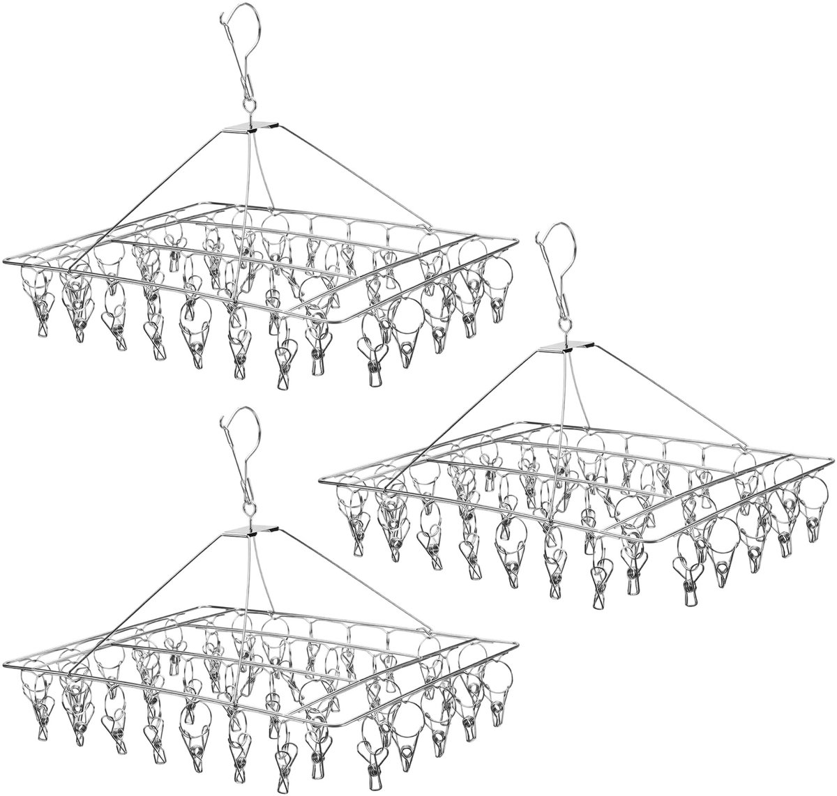 Omgoods - Set van 3 Roestvrijstalen Sokkenhangers met 120 Clips - Winddicht en Draaibaar