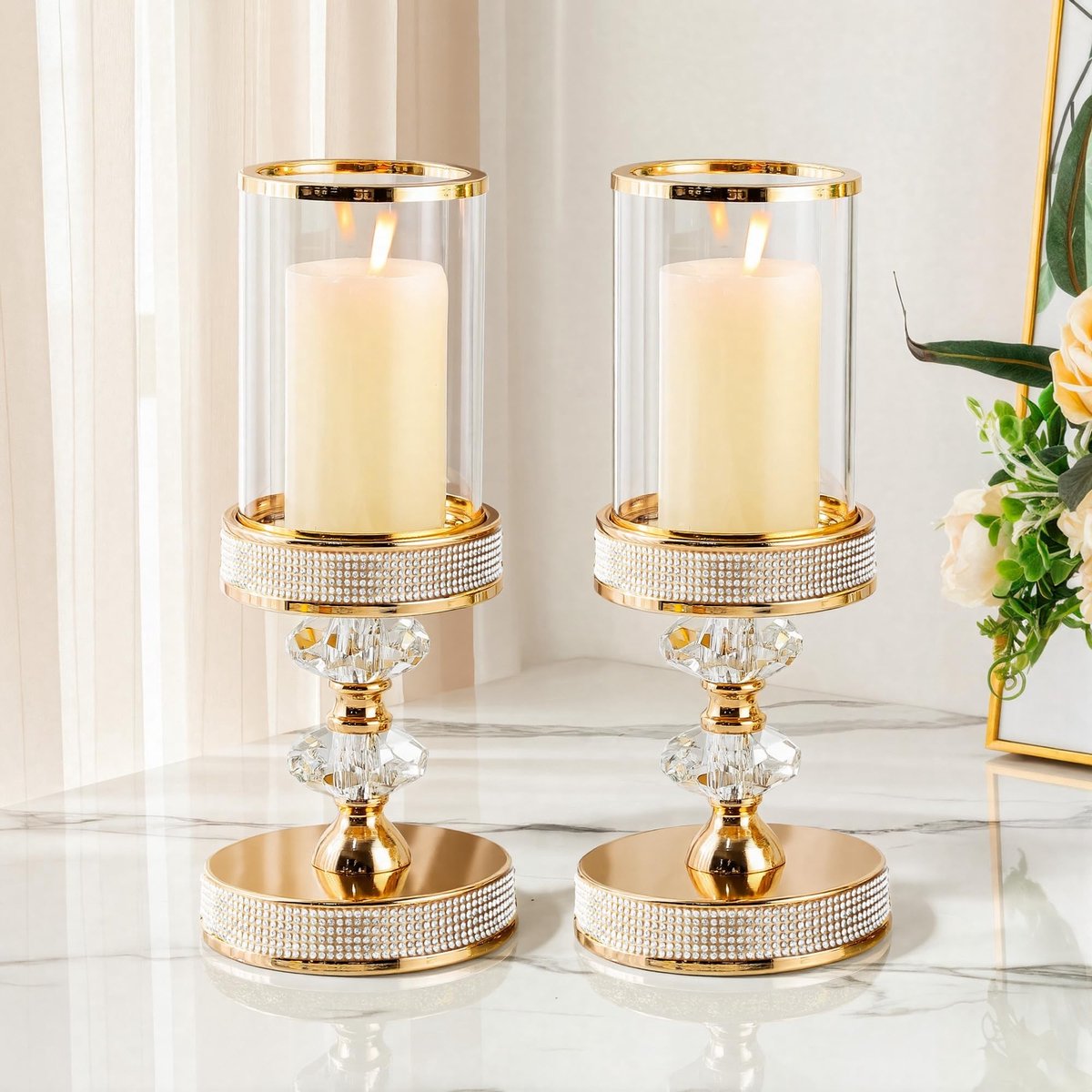 Omgoods - Pillar Kaarsenhouder met Tempered Glass en Kristal Decoratie