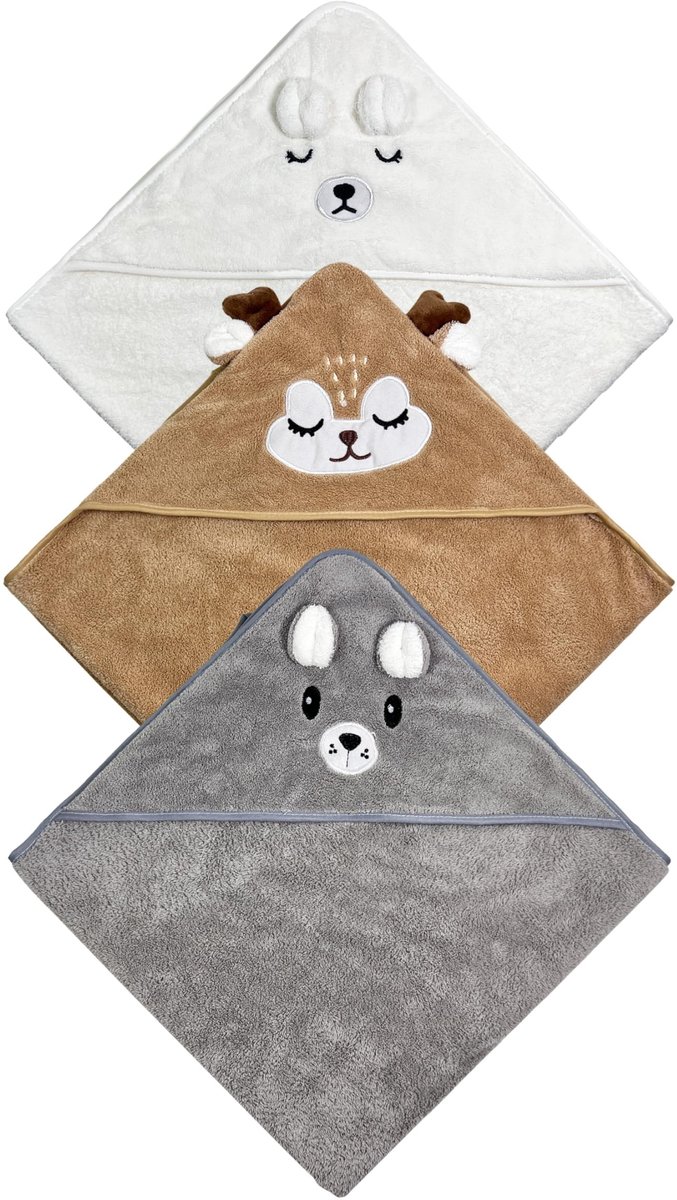 Omgoods- Babyhanddoek met capuchon - Set van 3 - Extra groot 80x80 cm - Koraalvacht - Schattige dierendesigns - Huidvriendelijk materiaal - Badhanddoek