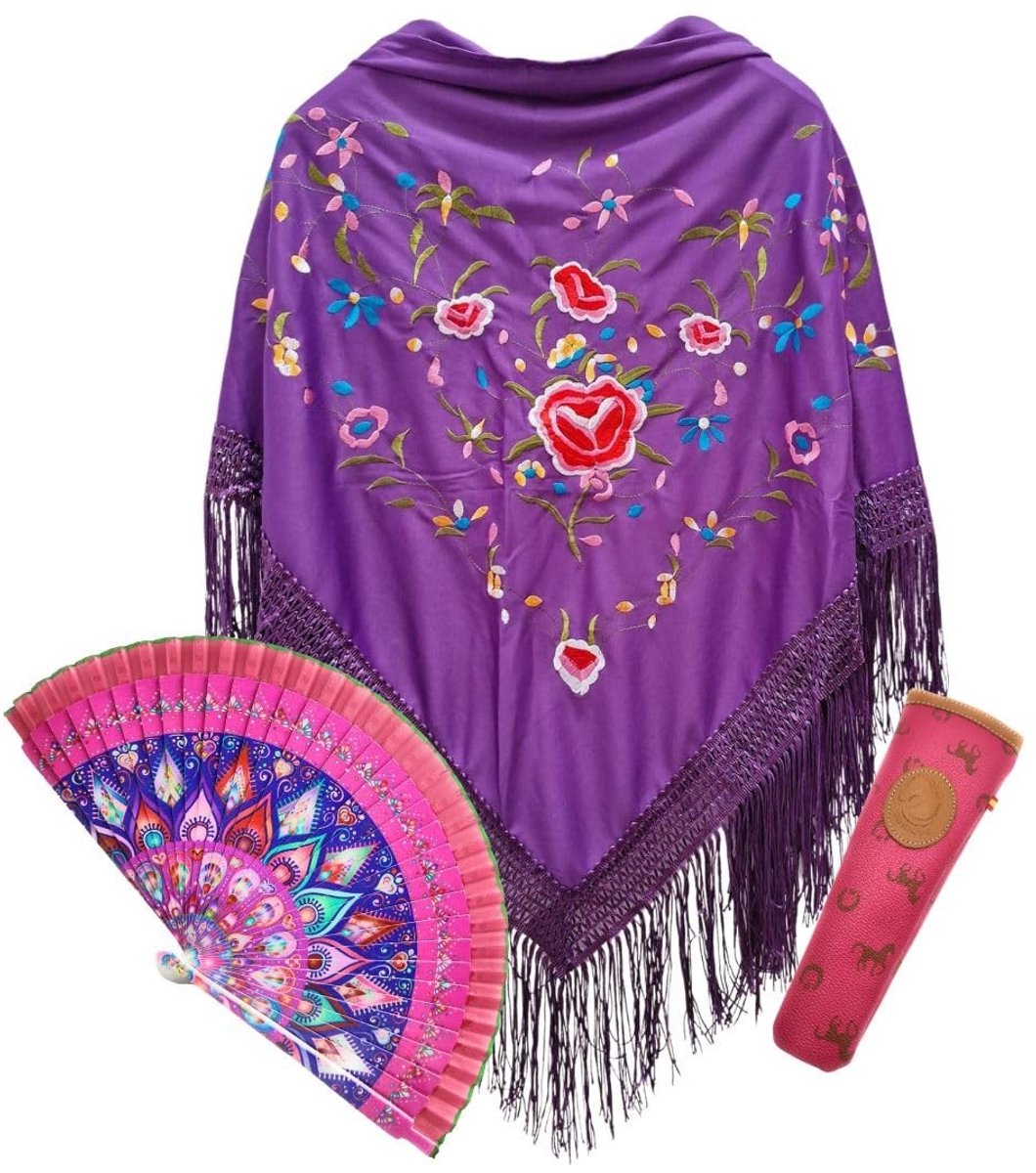 Omgoods - Pashmina Sjaal met Bloemmotief en Houten Waaier