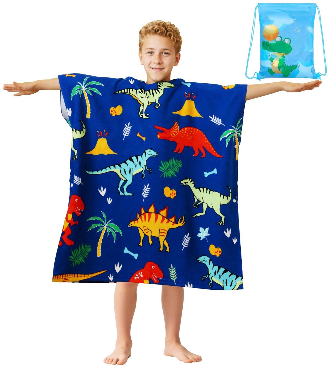 Omgoods - Kinder Badponcho van Microvezel met Hoed, Blauw Dinosaur Design