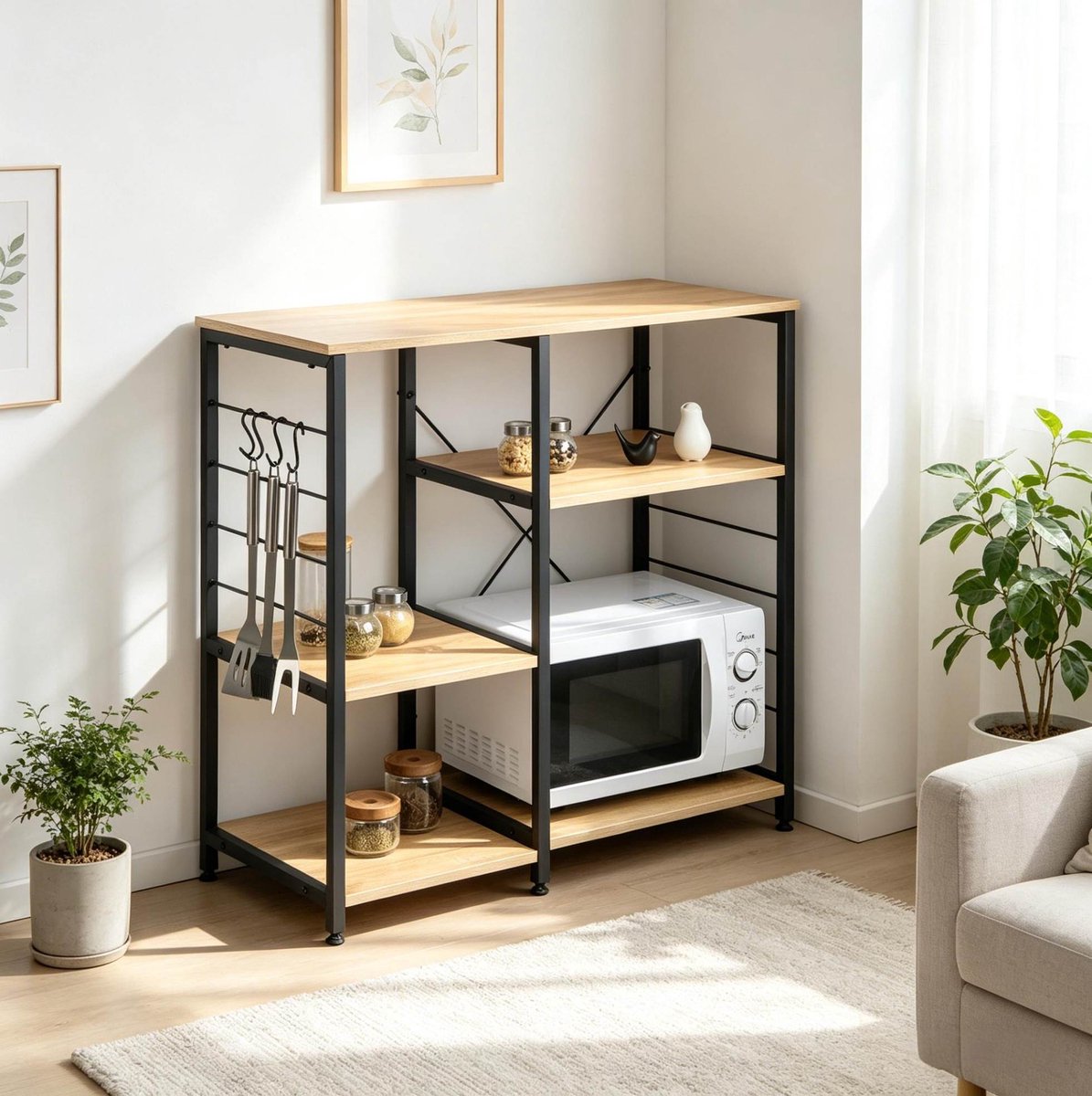 REDOM - Kast - Open opbergrek met 5 planken - Vrijstaand microgolfovenrek met 4 haken - Industriële stijl - Keuken en hal - MDF en staal - Licht eiken - 90 x 40 x 83,5 cm