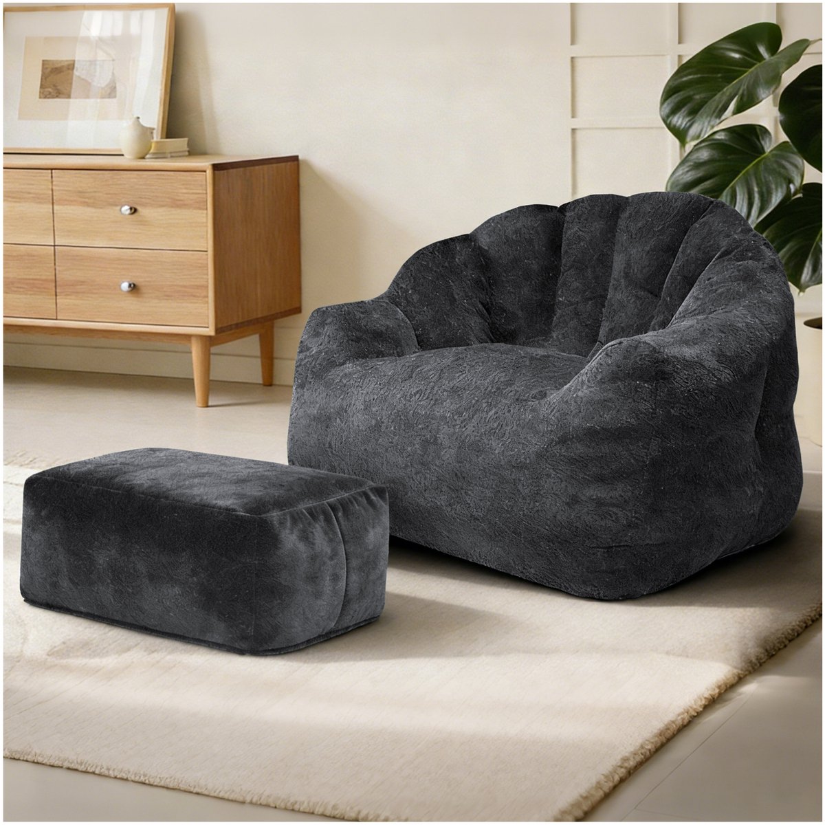 Re-purelife® Bear Paw loungestoel met hocker zwart - fluweelzachte flanelle, bloemvormige