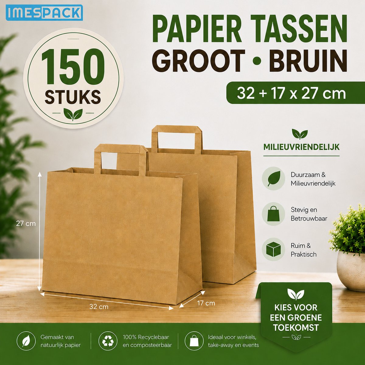 Papieren Draagtas Bruin - 32+17x27 cm - Groot - 150 Stuks - Kraft - IMES PACK