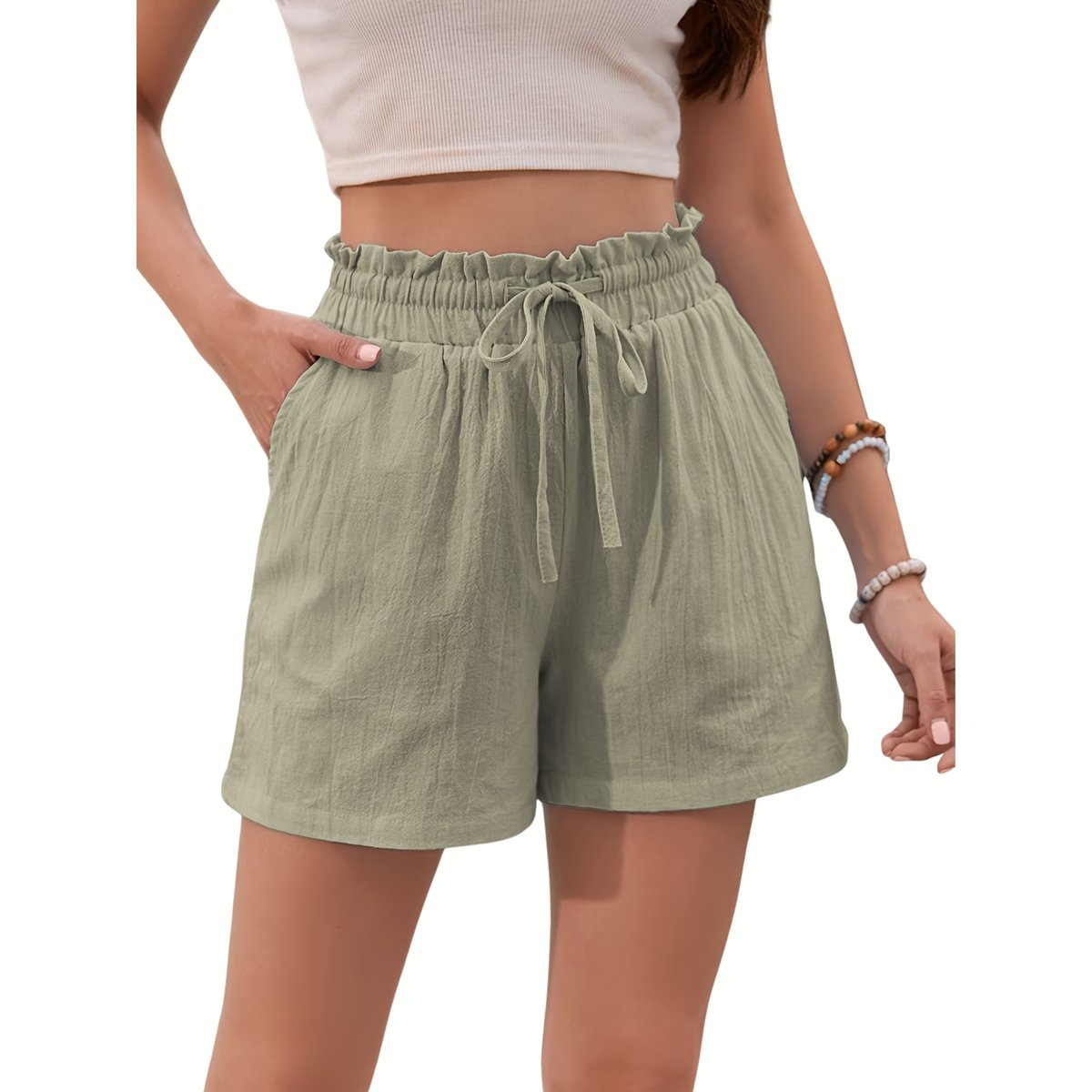 Currero Korte Linnen Broek Dames Zomerbroek Volwassenen Korte Broek Shorts Strandbroek Zomer Ibiza Stijl Legergroen