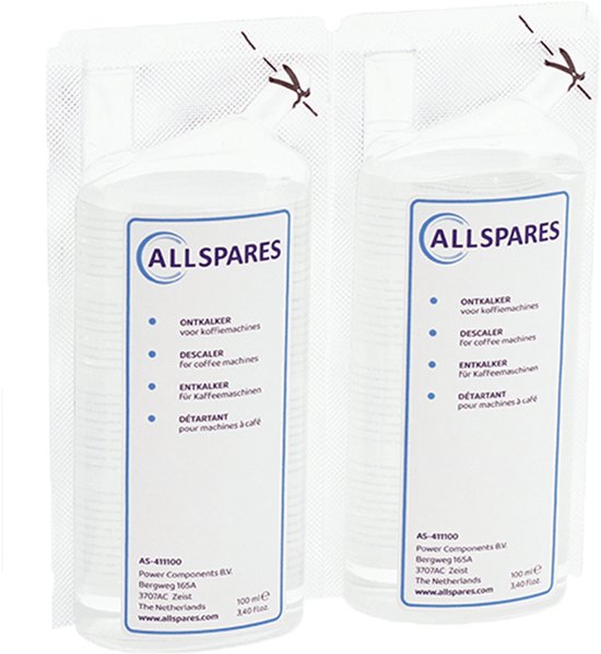 Twee flacons ALLSPARES ontkalker, elk 100 ml, met blauw-wit label.
