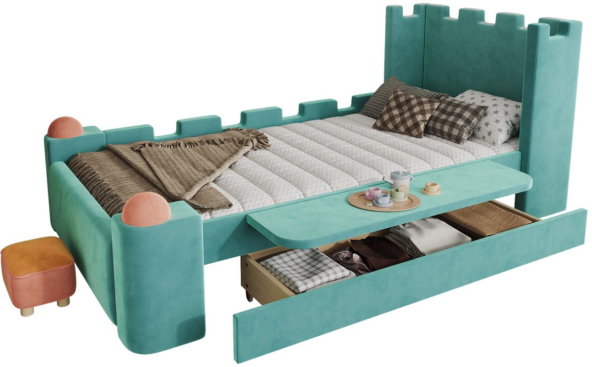 Merax Gestoffeerd Kinderbed 90x200 cm - Blauwgroen Fluweel - Kasteelbed Met Opberglade - Inklapbare Zijplank - Houten Lattenbodem