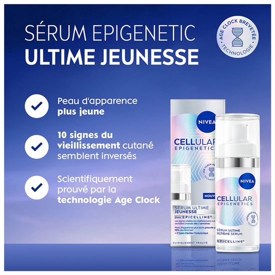 NIVEA CELLULAR Epigenetics serum flesjes, met lijst van voordelen: jongere huid, 10 tekenen van huidveroudering omgekeerd, wetenschappelijk bewezen.