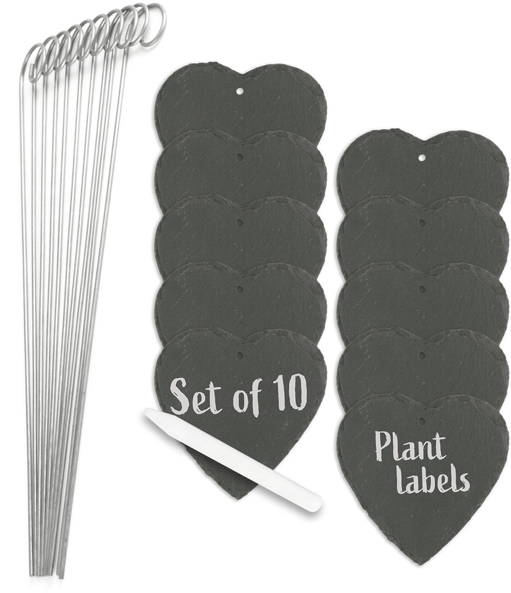 Hoberg Leisteen Plant Labels - Set van 10 - Weerbestendig, Herbruikbaar - Individuele etikettering van planten, kruiden & bloemen - Met stalen grondpinnen - Afmetingen 10 x 10 x 0,5 cm - Hart
