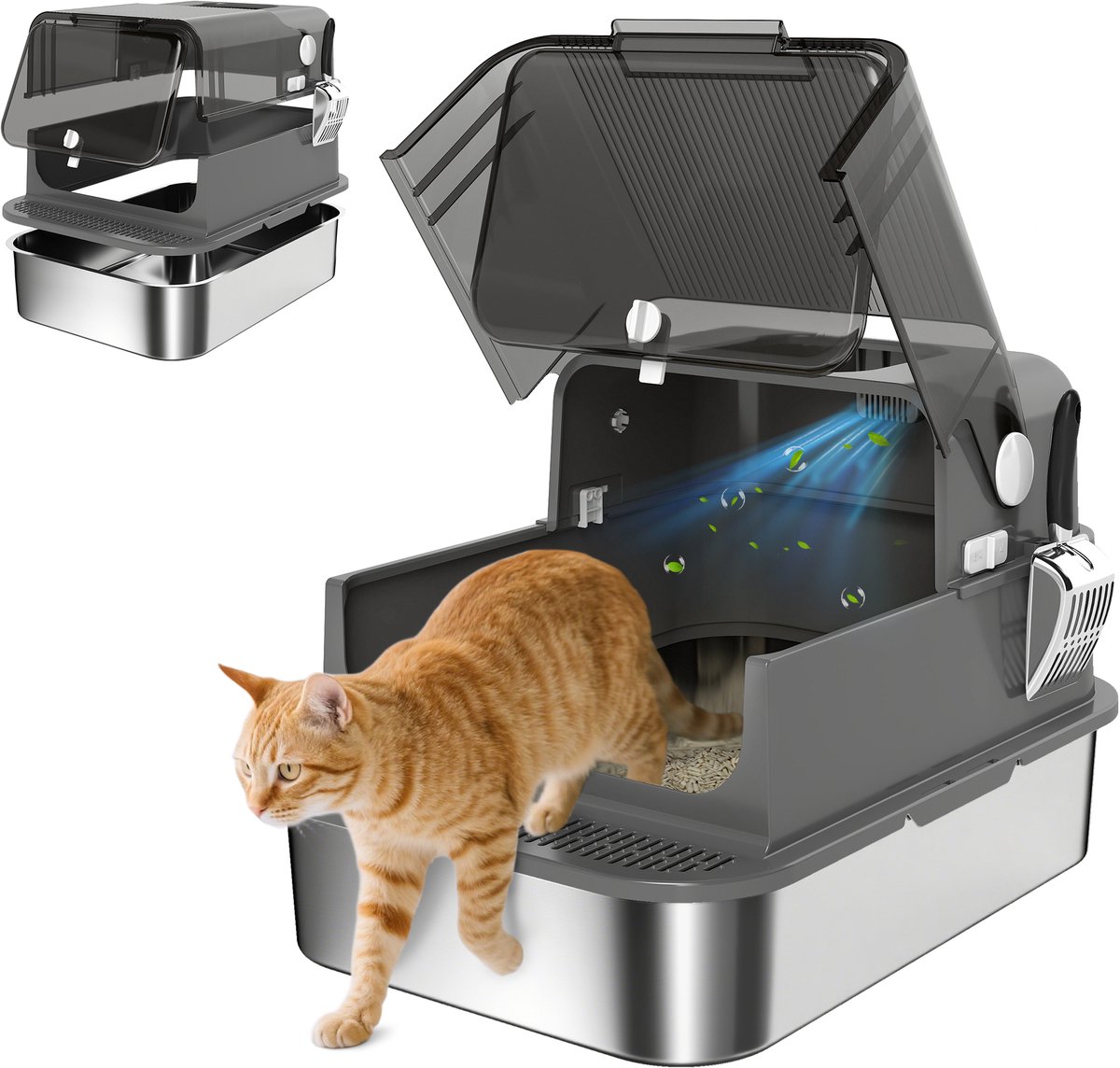 PawHut Cat Litter Box-Edelstahl, Kunststoff-70L x 50B x 46,5H cm-Schwarz