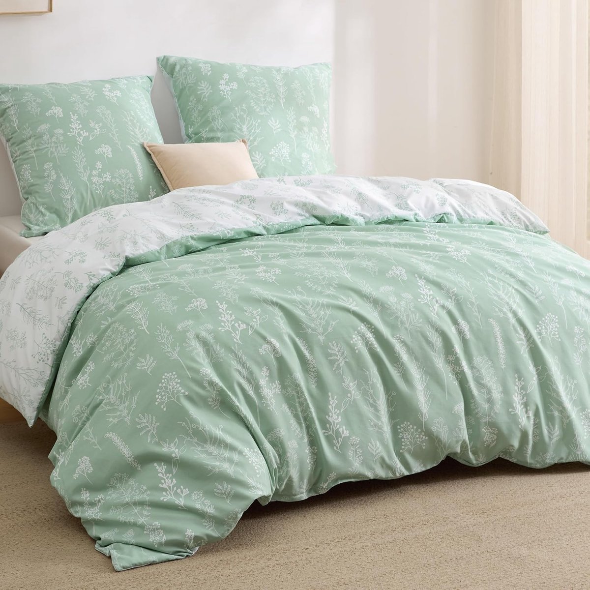 Famanu Beddengoedset 200 x 220 cm, 3-delig dekbedovertrek met 2 kussenslopen 80 x 80 cm, omkeerbaar, groen met plantenmotief Neutraal