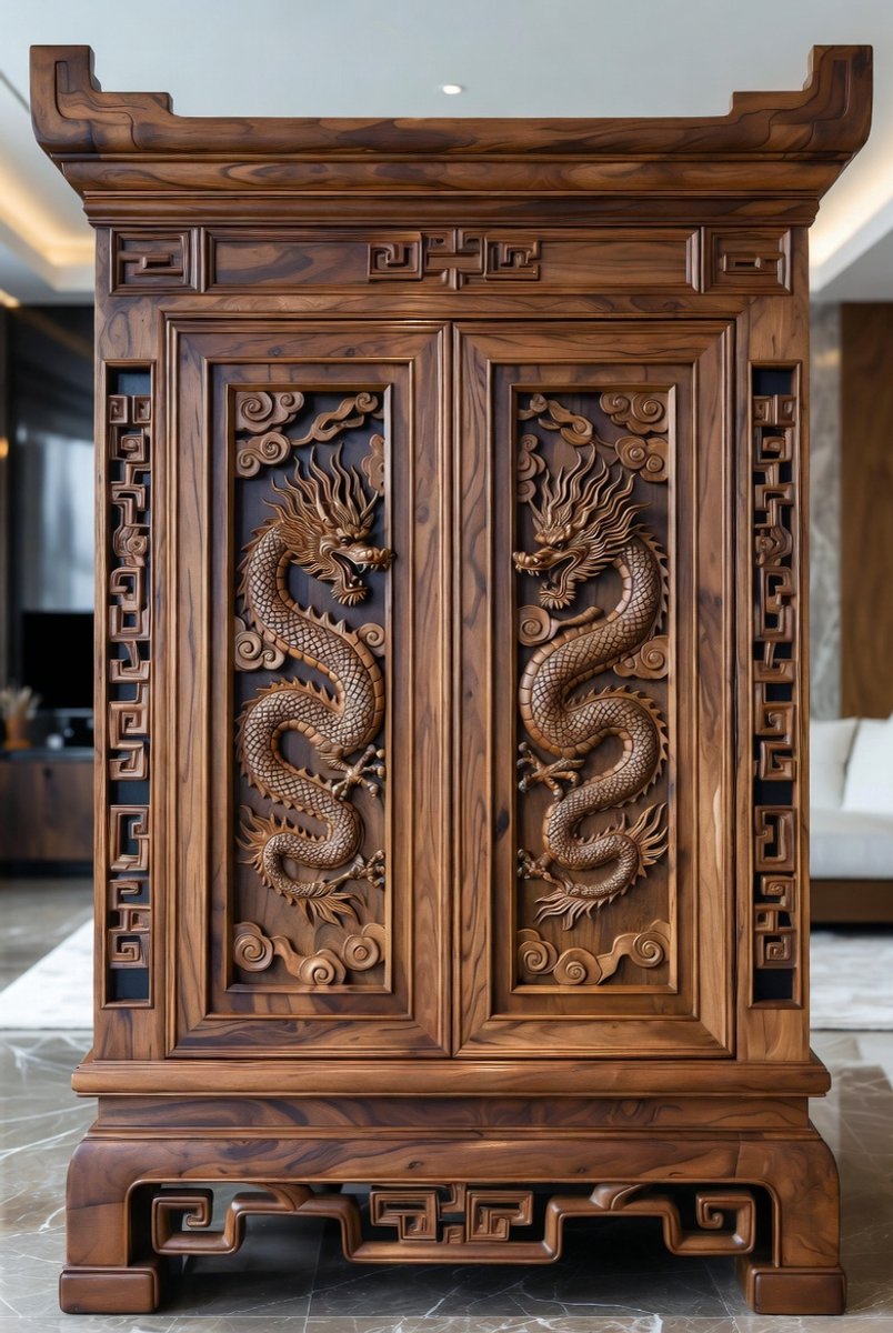 Handgesneden Aziatische Draken Dressoir van Massief Acaciahout – Koloniale Opium-Stijl Commode Kast 100x57x34 cm, Uniek Thais Design, Opbergkast Woonkamer & Hal – Medahomestore