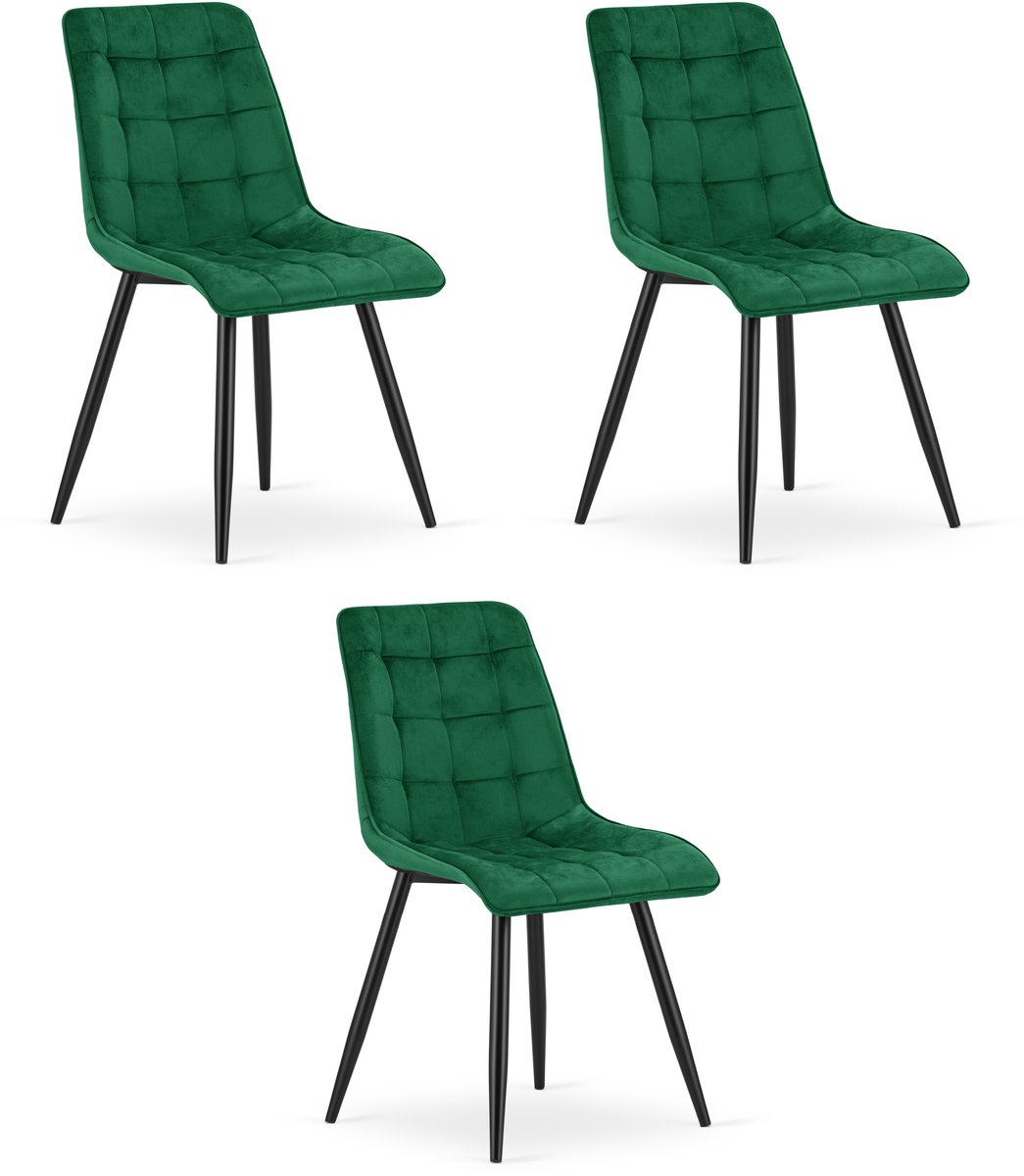 Set van 3 eetkamerstoelen SPLIT - Groen fluweel - Zwarte metalen poten - Modern design