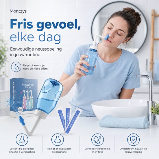 Vrouw gebruikt Montzys neusdouche in de badkamer. Helpt bij allergieën, sinusitis en verkoudheid. Reinigt en hydrateert.