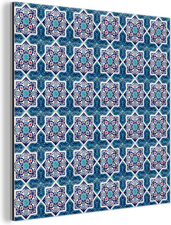 Wanddecoratie Metaal - Aluminium Schilderij Industrieel - Een Marokkaanse Mozaïek tegelpatroon waar de kleur blauw vooral is gebruikt - 20x20 cm - Dibond - Foto op aluminium - Industriële muurdecoratie - Voor de woonkamer/slaapkamer
