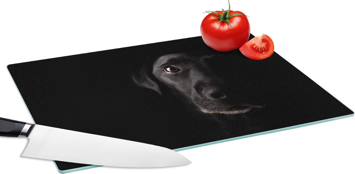 Glazen Snijplank - 39x28 - Een zwarte Labrador Retriever op een zwarte achtergrond - Snijplanken Glas