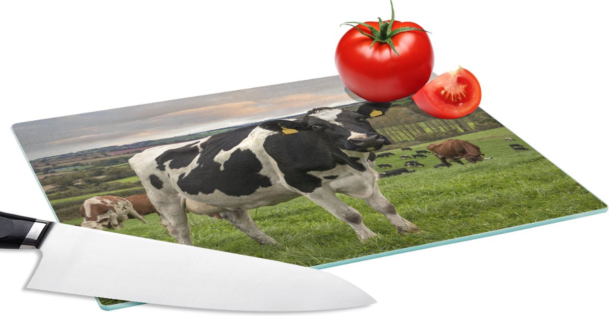 Glazen Snijplank - 28x20 - Koe - Berg - Gras - Dieren - Snijplanken Glas
