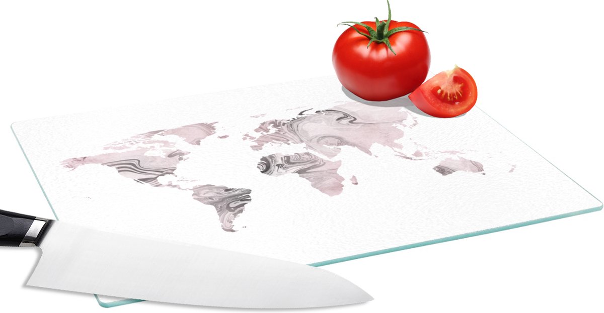 Glazen Snijplank - 28x20 - Wereldkaart - Verf - Roze - Snijplanken Glas