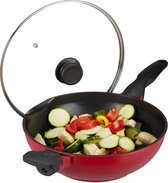 Bol.com Relaxdays Wokpan met deksel - rode wok - aluminium - anti aanbaklaag - 30 cm - braadpan aanbieding