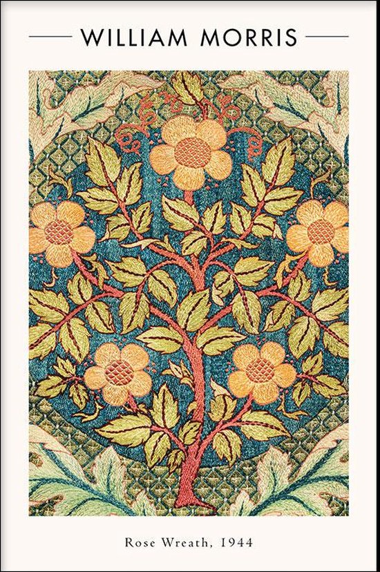 Walljar - William Morris - Rose Wreath - Muurdecoratie - Poster met lijst