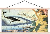 Posterhanger incl. Poster - Schoolplaat - Een walvis bij Goto - schilderij van Katsushika Hokusai - 120x60 cm - Blanke latten