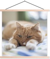 Posterhanger incl. Poster 120x120 cm - Schoolplaat - Kat - Bed - Bedsprei - Meisjes - Kinderen - Jongens - Kind - Textielposter - Blanke latten
