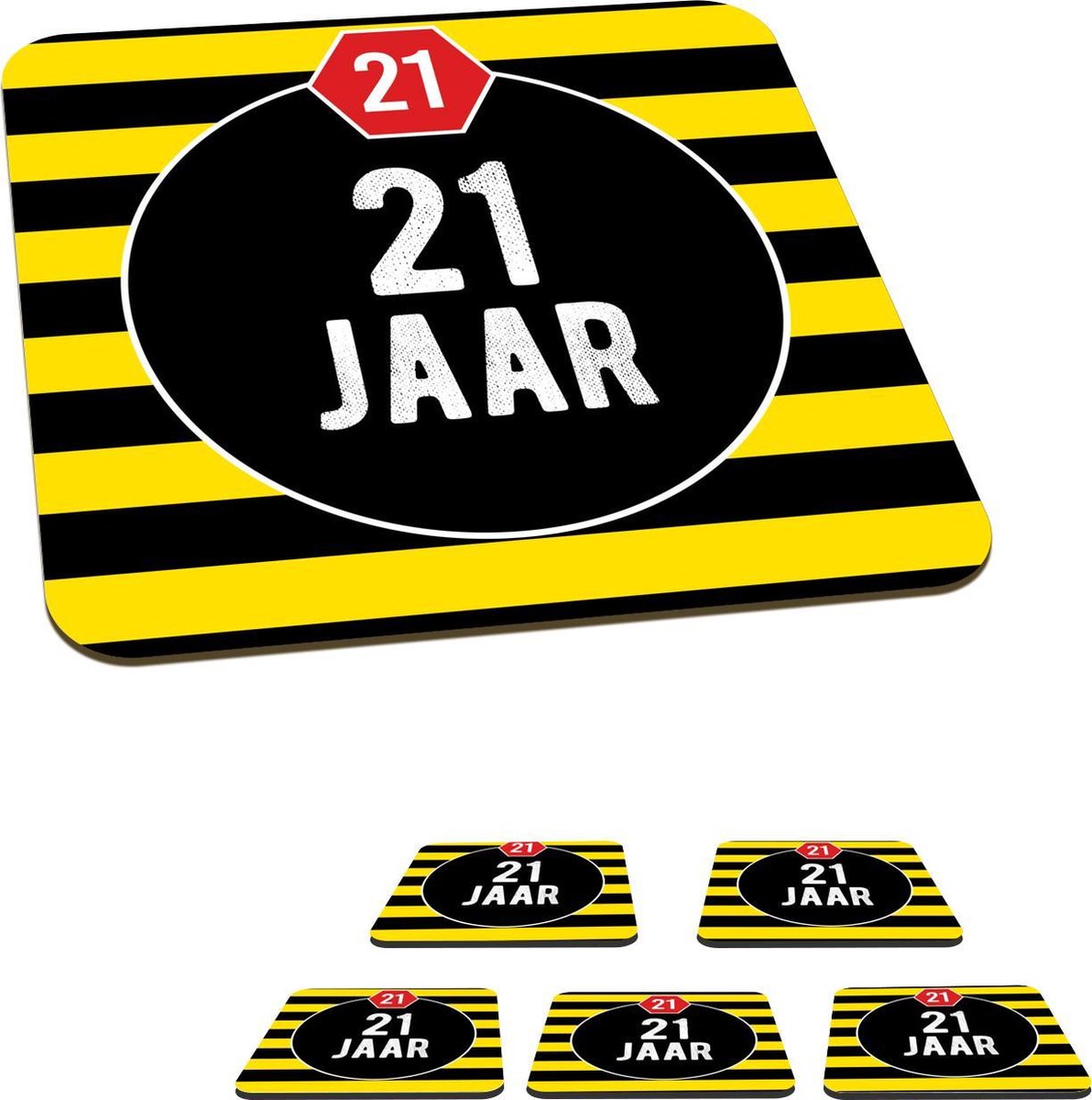 Onderzetters voor glazen - Feest - 21 jaar - Decoratie - 10x10 cm - Glasonderzetters - 6 stuks