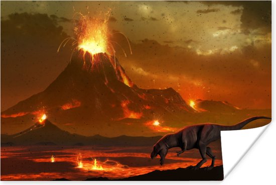 Poster Dino - Vulkaan - Lava - Illustratie - Kinderen - Jongens - Kids - 60x40 cm
