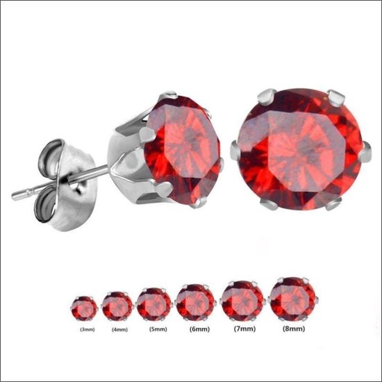 Aramat jewels ® - Oorstekers rond zirkonia staal rood 6mm