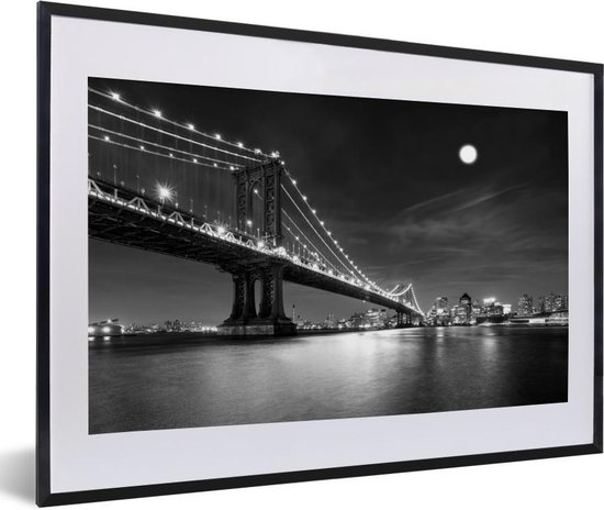 Fotolijst incl. Poster - New York - Brug - Manhattan - Zwart - Wit - 60x40 cm - Posterlijst