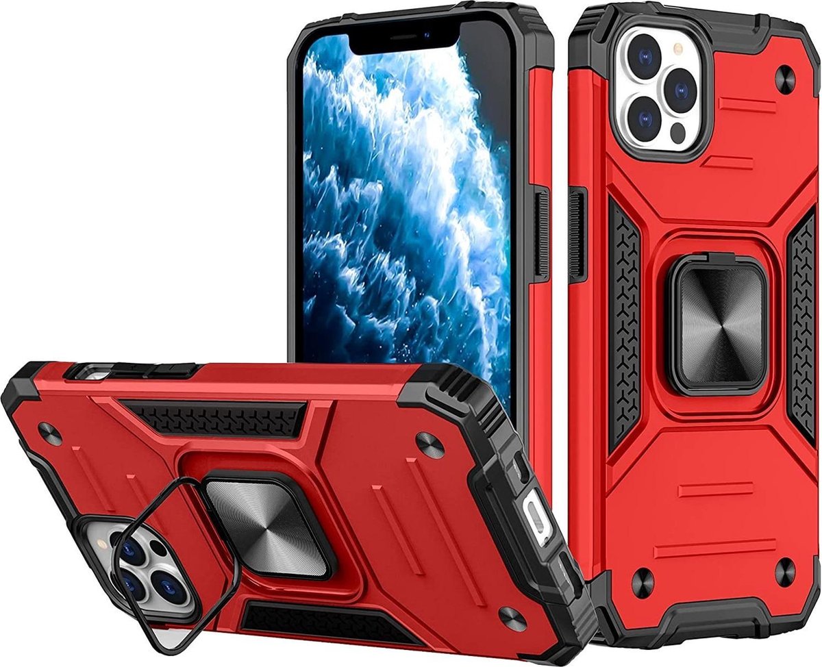 Hoesje Geschikt voor iPhone 13 - Heavy Duty Armor Hoesje met Kickstand ringhouder – Rood