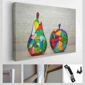 Decoratieve appel en peer, gemaakt van hout en met de hand beschilderd. Moderne kunst uit één stuk - Modern Art Canvas - Horizontaal - 336050675