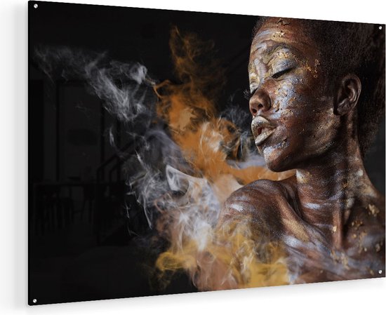 Artaza Glasschilderij - Afrikaanse Vrouw Met Zilver En Goud - 105x70 - Plexiglas Schilderij - Foto op Glas
