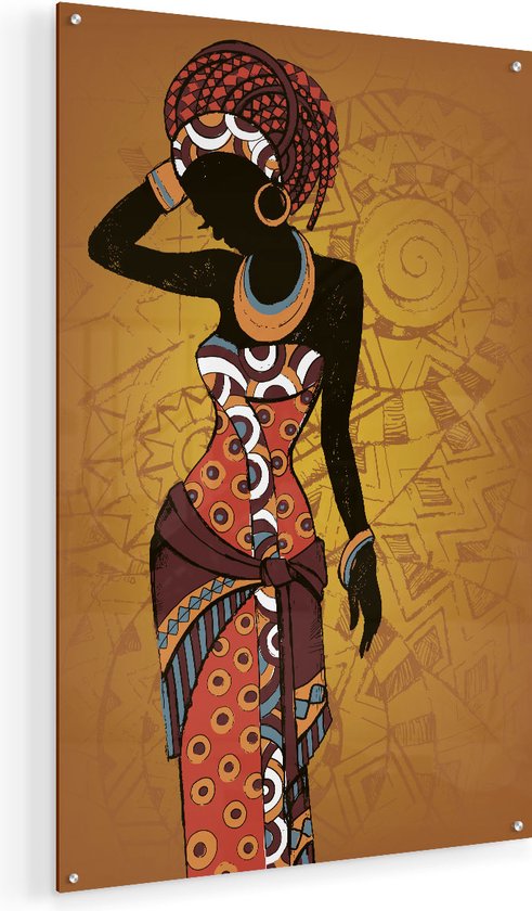 Artaza Glasschilderij - Getekende Afrikaanse Vrouw - Abstract - 60x90 - Plexiglas Schilderij - Foto op Glas