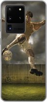 Geschikt voor Samsung Galaxy S20 Ultra hoesje - Een illustratie van een voetballer die tegen de bal schopt - Jongens - Jongetje - Kids - Siliconen Telefoonhoesje