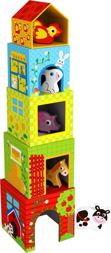 Tooky Toy Stapeltoren - FSC Hout - Boerderijdieren - Geschikt voor 1+ Jaar (Dreumes) - Stapelblokken - Stapelspeelgoed - Educatief & Montessori Speelgoed