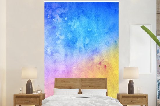 Behang - Fotobehang Waterverf - Blauw - Geel - Oranje - Breedte 155 cm x hoogte 240 cm