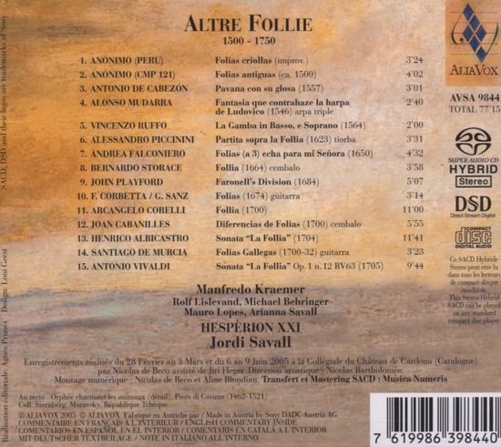 Cd-hoes met titel 'Altre Follie 1500 - 1750'. Tracklist en artiesten vermeld.
