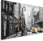 Schilderij - Regen in New York City (print op canvas), zwart-wit/geel, 4 maten, wanddecoratie