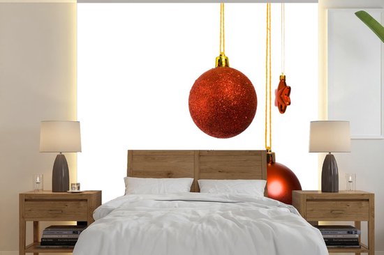 Papier peint photo peint vinyle - Une paire de boules de Noël rouges avec une étoile de Noël rouge largeur 260 cm x hauteur 260 cm - Tirage photo sur papier peint (disponible en 7 tailles)