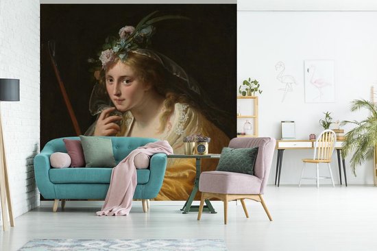 Behang - Fotobehang Een herderin - Schilderij van Paulus Moreelse - Breedte 300 cm x hoogte 300 cm