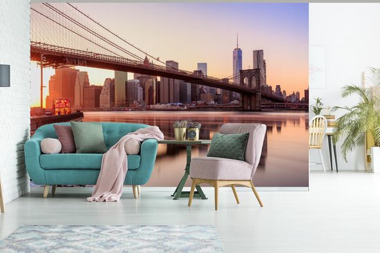 Papier peint photo peint photo vinyle - Ciel coloré au-dessus du Bridge de Brooklyn de New York largeur 600 cm x hauteur 400 cm - Tirage photo sur papier peint (disponible en 7 tailles)