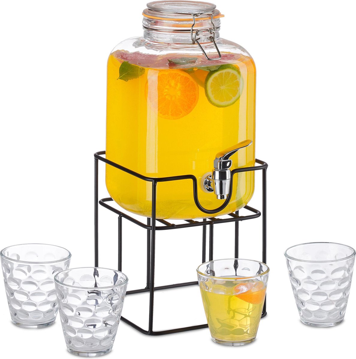 Relaxdays drankdispenser met tapkraan - retro - 4,2 l - limonadetap glas - sapkan kraan