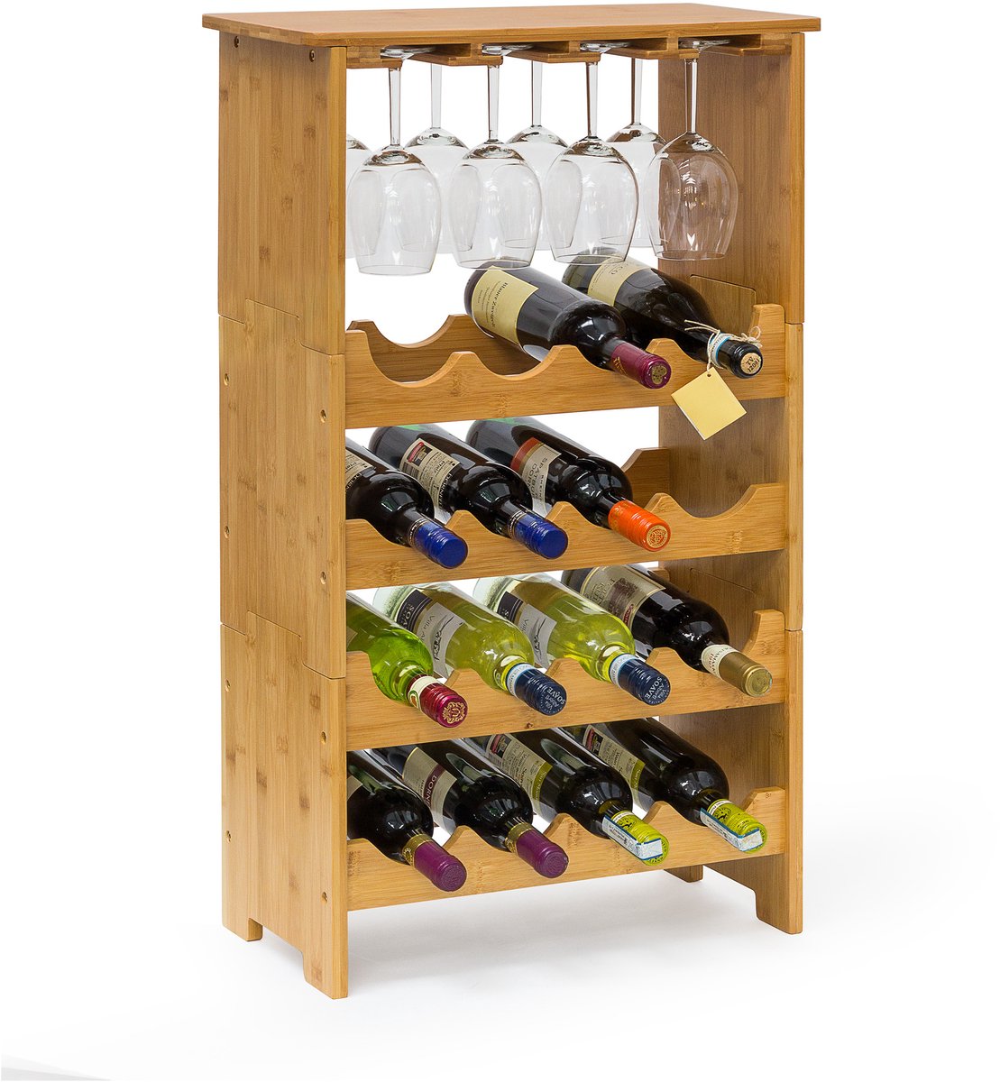 Wijnrek - 84 x 50 x 24 cm - Bamboe - Stapelbaar - 16 flessen + 12 glazen