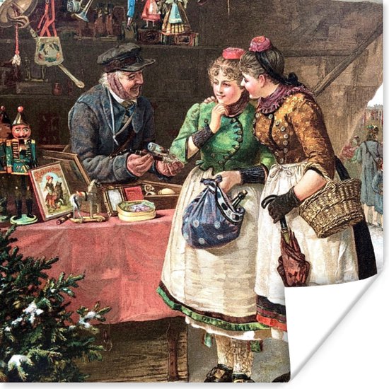 Poster Kerst - Portret Kerstmarkt - Vintage - 50x50 cm - Kerstmis Decoratie - Kerstversiering - Kerstdecoratie Woonkamer - Kerstversiering - Kerstdecoratie voor binnen - Kerstmis